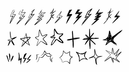 abstract lightning, star and explosion, hand drawn doodle set perfect for tattoo, rock, and grunge design projects