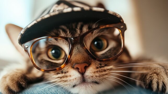 An adorable cat wearing glasses and a trendy hat strikes a curious pose, exuding personality and charm while engaging viewers with its playful demeanor.