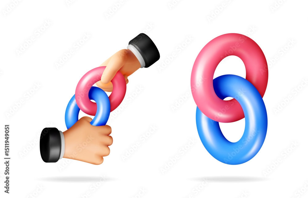 Poster two hands holding connected pink and blue chain links and two disconnected links. unity and teamwork