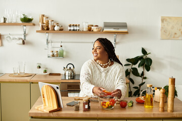 Young woman makes a vibrant salad in her cozy kitchen on a sunny afternoon