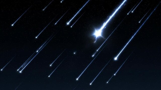 Falling stars with bright trails streaking across a dark night sky  