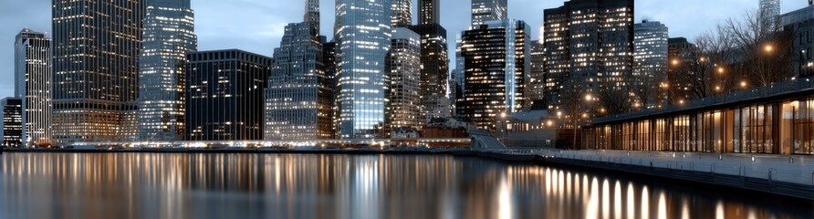 Naklejka premium Stunning skyline of New York City at night, showcasing lit skyscrapers against a dark sky, embodying the city's vibrant energy.