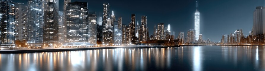 Naklejka premium Bright lights illuminate the New York City skyline at night, creating a stunning reflection on the calm water below