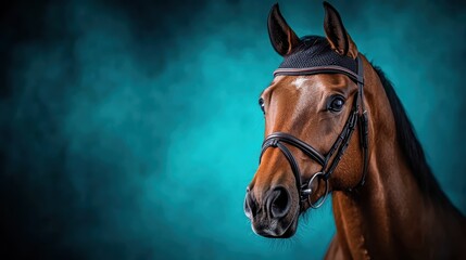 A stunning close-up of a brown horse with a saddle, capturing the elegance and strength of this magnificent animal in a beautiful artistic portrait.