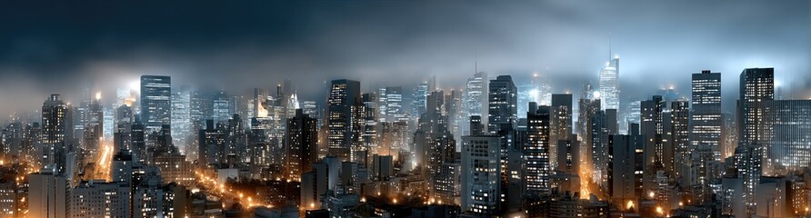 Naklejka premium New York City skyline illuminated at night, showcasing iconic skyscrapers and a bridge with reflections on the water below.