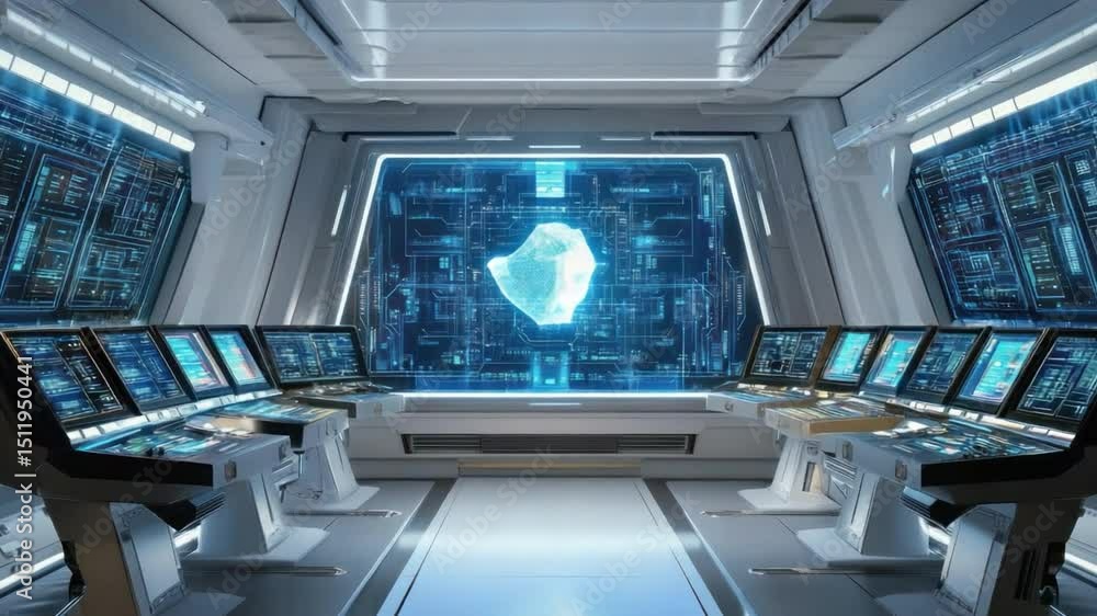 Poster command center of tomorrow: a glimpse into a futuristic command center, bathed in cool, holographic 