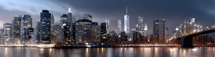Fototapeta premium Vibrant lights of Brooklyn's skyline shine brightly under a dark purple sky, showcasing the city's iconic skyscrapers at night