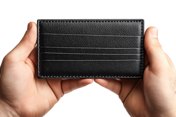 Male Hands Holding Empty Black Leather Wallet Isolated on White Background 