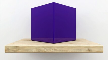 A purple cube sits on a wooden shelf.