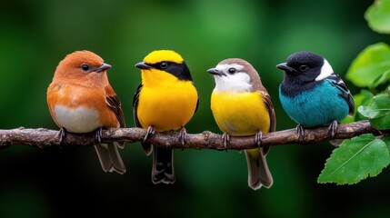 A vibrant scene showcasing four beautifully colored birds perched together on a branch, highlighting the diversity and beauty of avian life.