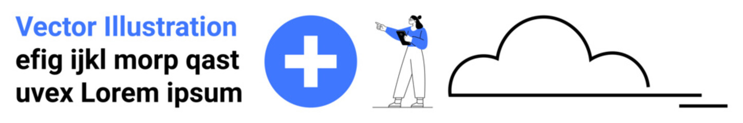 Person interacting with a cross sign and adjacent cloud outline. Ideal for healthcare, cloud computing, data sharing, user interface, collaboration, innovation, simple landing page