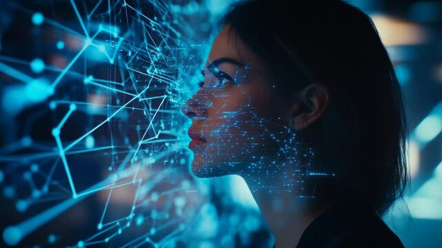 Woman's face superimposed with futuristic glowing network for technology concept
