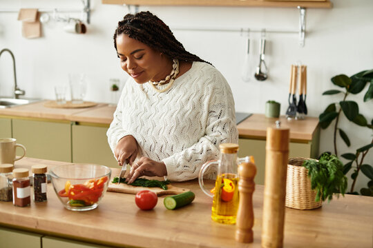 Cooking a fresh salad at home with joy and creativity in the heart of the kitchen