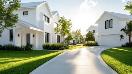 Two contemporary homes basking in bright afternoon sunlight, surrounded by manicured lawns. The sleek design and open space evoke a feeling of modern luxury and comfort.