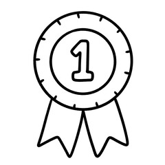 Black and white line art of a number one award ribbon, simple first place badge icon
