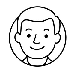 Black and white line art of a smiling man’s face in a circle frame, simple avatar icon