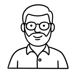Black and white line art of an older man with glasses and beard wearing a shirt