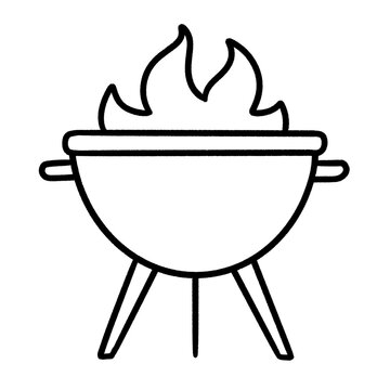 recommend clip art: Black and white line art of a flaming barbecue grill, simple outdoor cooking icon