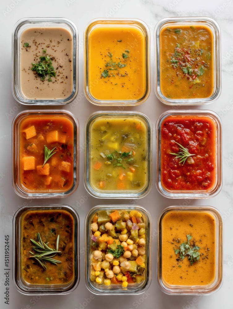 Poster variety of frozen soups in glass containers arranged in a clean layout for easy storage in modern ki