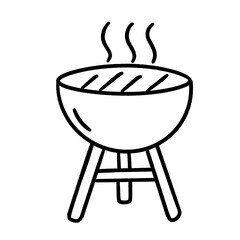 Black and white line art of a steaming barbecue grill, simple and minimal illustration