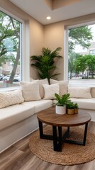 Fototapeta premium This cozy corner nook showcases light wood seating, a round table, and large windows bringing in natural light, accented by plants