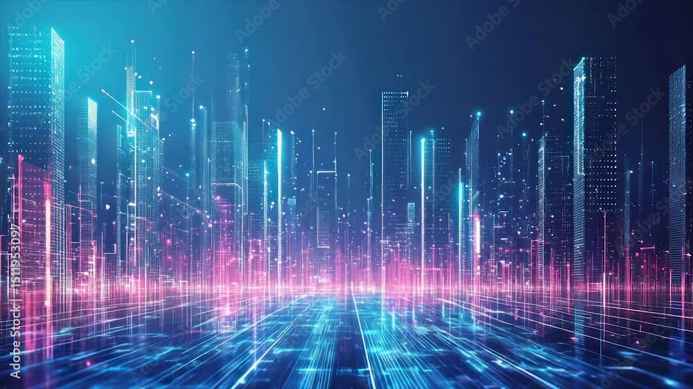 Poster futuristic cityscape with glowing lines and structures, showcasing advanced technology and urban dev