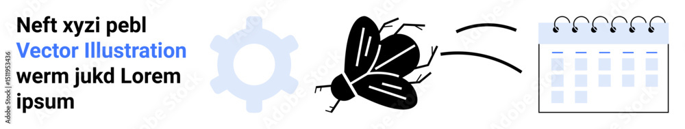 Poster fly moving toward a calendar with dashed lines, accompanied by a cogwheel symbol and text elements. 