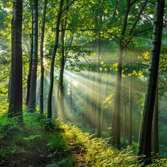 Obraz premium Beautiful sunlit forest scene with a path and sunlight shining through the trees creating a magical atmosphere.