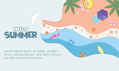 Hello Summer banner or poster with sea wave and beach in paper cut style.