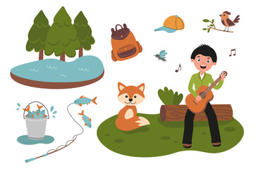A young boy enjoys playing guitar by a tranquil stream, surrounded by trees and wildlife. A friendly fox sits nearby while fishing gear and a backpack are present, adding to the outdoor fun.Flat style