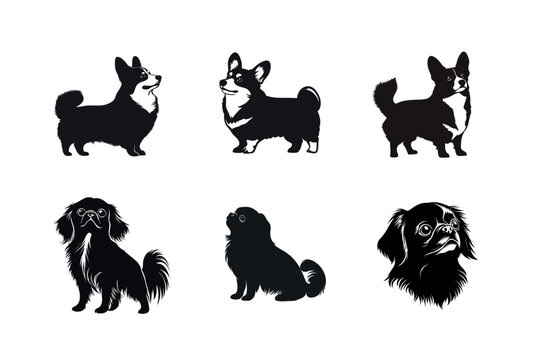 Six black and white dog silhouettes corgis and japanese chins