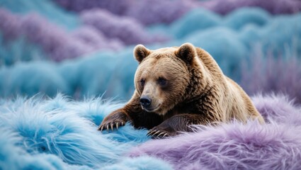 Fototapeta premium A close-up of a brown bear resting among vibrant furry textures in shades of purple and blue, creating a surreal and dreamlike atmosphere