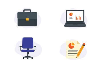 Flat Design Office and Work Tools Icon Set – Briefcase, Laptop, Office Chair, Report with Pencil