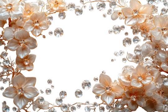 Beige floral frame with crystals isolated on transparent background