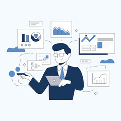 Businessman Analyzing Data with Digital Interfaces and Charts