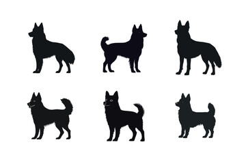 Six black dog silhouettes standing poses