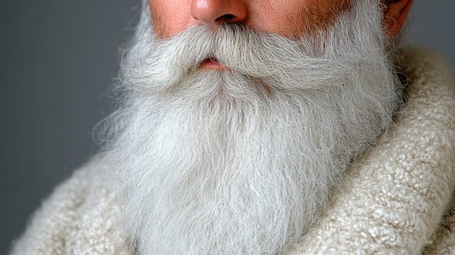 Close-up of a senior man's long, white beard and part of his beige knitted sweater against a gray background.