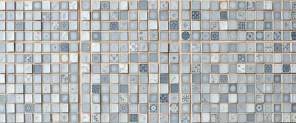 Fototapeta premium Grey square azulejo patchwork, vintage retro mosaic tile wallpaper, style, portuguese