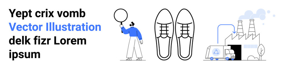 Person holding balloon, pair of shoes, factory with chimneys spewing smoke. Ideal for corporate topics, technology, environmental concepts, lifestyle, production, creativity simple landing page