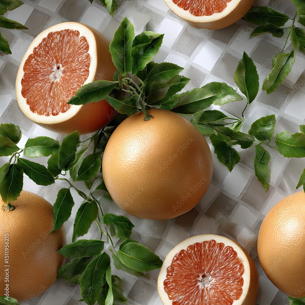 Poster bright and colorful display features fresh oranges and red grapefruits surrounded by green leaves, c