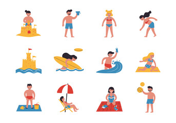 Cartoon People Enjoying Beach Activities Sandcastles Surfing Swimming and Relaxing