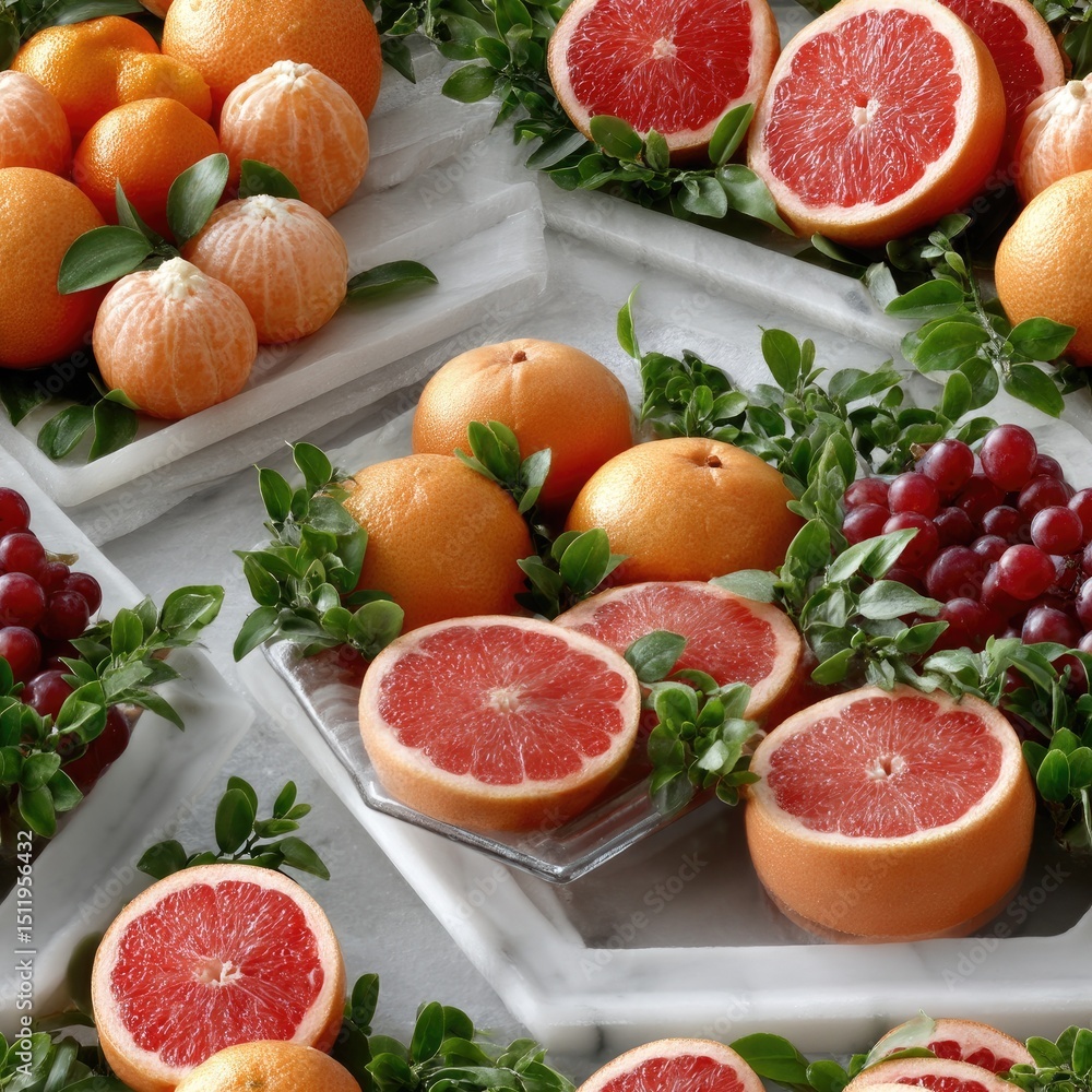 Poster bright and colorful display features fresh oranges and red grapefruits surrounded by green leaves, c