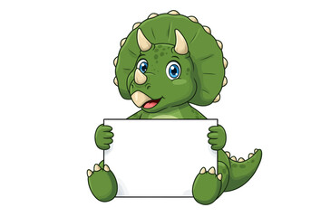 Cartoon Triceratops Holding a Blank Sign with a Cheerful Expression © tere