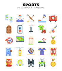 Collection of 25 Sports Icons. A Vibrant Set of Sport Equipment. Uniforms. and Game Graphics