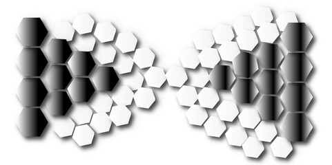  A striking abstract design featuring two horizontal bands of gradient hexagons, transitioning from black to white. These bands appear to merge and separate in the center, creating a dynamic, bow-tie 