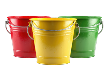 Three colorful metal buckets, red, yellow, and green, stand side-by-side against a plain black background.  Each has a metal handle
