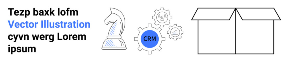 Chess knight symbolizing strategy, CRM gear icon for business integration, open box for opportunities. Ideal for teamwork, process management, innovation, planning, logistics, strategy simple