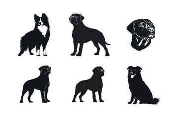 Six dog breeds silhouettes black and white