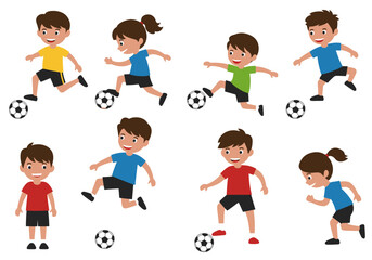 Cartoon Children Playing Soccer with Various Colored Shirts and Black Shorts