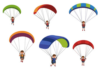 Cartoon Children Parachuting with Colorful Parachutes in Various Designs